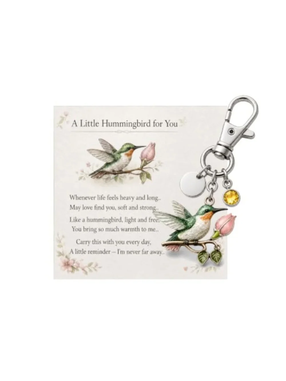 3D Metal Hummingbird Keychain with Birthstone Charm, Inspirational Gift